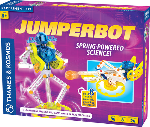 Build an energetic bouncing robot that uses an electric motor and a spring-loaded mechanism to jump forward in a continuous motion | Watch the robot crouch down, compress its coil spring and store up energy | Build six other functional models using the same mechanical components