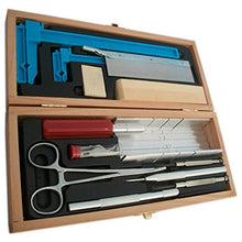 Load image into Gallery viewer, Kit includes 1 light and 1 heavy duty hobby knife, assortment of blades, miter box, awl, screwdrivers, clamps, sanding block, and curved hemostat | Ideal for miniature work such as model airplanes, ship building, dollhouse furniture, and architectural models | Includes wooden storage box that keeps all of the tools in one place for safe storage and transport
