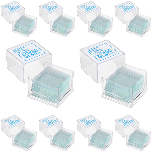 Pack of 1000 cover slips for microscope slides | Each coverslip measures 22x22mm and has a .13 to .17mm thickness Made of glass | Useful for fixing specimens on microscope slides and preventing sample contamination | Includes 10 small plastic storage boxes, containing 100 slips each | 