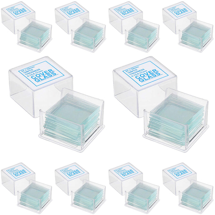 Pack of 1000 cover slips for microscope slides | Each coverslip measures 22x22mm and has a .13 to .17mm thickness Made of glass | Useful for fixing specimens on microscope slides and preventing sample contamination | Includes 10 small plastic storage boxes, containing 100 slips each | 