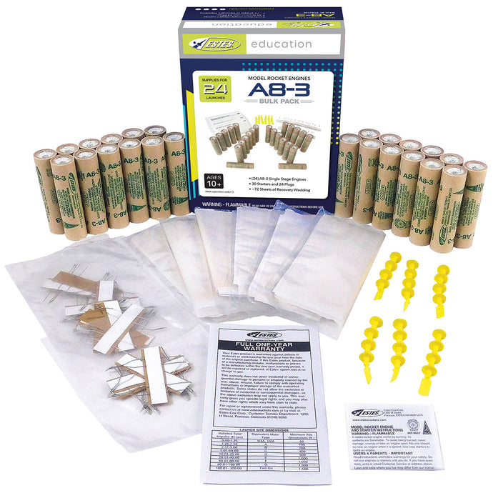 Estes A8-3 Model Rocket Engine Bulk Pack - Includes 24 Engines with Starters, Plugs, and Recovery Wadding (1781)