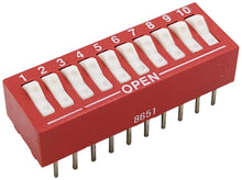 Load image into Gallery viewer, Rocker Style DIP Switch with 10 Switches, 20-Pin, SPST, Red Color, 27.4mm x 9.6mm x 7.9mm
