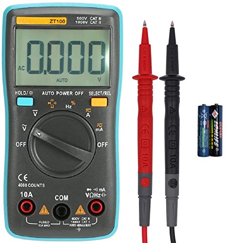 Battery powered, auto-ranging digital multimeter with 4000 counts and backlit LCD display | Measures AC/DC voltage, AC/DC current, resistance, capacitance, frequency, duty cycle, diode, and continuity | Compact and lightweight for carrying in your hand or pocket, also features a fold out stand for easy viewing | Comes with leads and instruction manual | Powered by 2x AAA batteries (included)