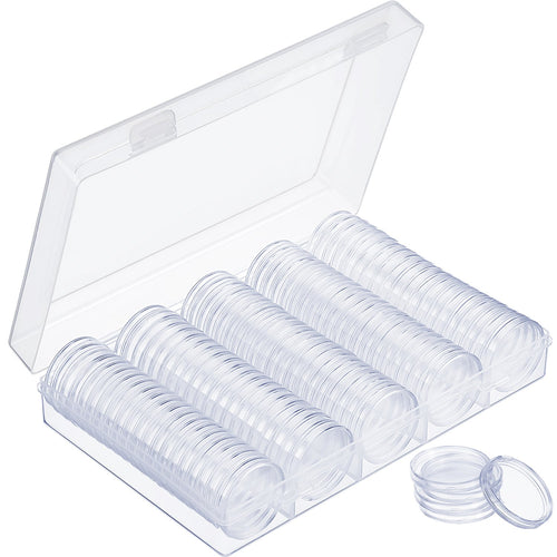 100 transparent coin capsules with a clear case to protect and display your collection of coins up to 30mm in size | Includes foam gaskets that secure 17mm, 20mm, 25mm, 27mm, and 30mm coins, preventing them from sliding and scratching | Each capsule snaps together firmly to protect coins from dust, oxidation, and oils from handling | Capsules can be opened using the crescent opening found along the outside rim | Great gift for coin collectors, traders, and enthusiasts!