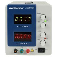 Linear power supply unit provides a constant source of DC voltage for powering and testing electronic devices | One output provides adjustable voltage or current | Two LED screens show voltage and current readings simultaneously | Fine and coarse adjustment of voltage and current | Two PSUs can be connected in series to supply more voltage, or they can be connected in parallel to supply more current