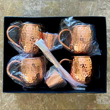 Load image into Gallery viewer, Set of 4 Pure Copper Kyiv Mule Mugs Gift Set with 4 Copper Cocktail Straws and 2 Shot Glasses, Each Hammered Mug Holds 18 Ounces
