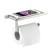 Load image into Gallery viewer, Toilet paper holder made of high quality 304 Stainless Steel with mounting hardware included | Features multipurpose storage shelf that will securely hold a phone, wet wipe container, air freshener, or other small items while you use the toilet or take a bath | Sleek, mirror-like polished chrome fits any bathroom style | Measurements: 7.09 inches long by 3.14 inches tall and extends 3.66 inches from wall | Holds most of brands rolls including regular, double, large, jumbo, and mega rolls (exclud
