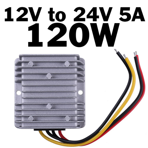 Industry grade DC 12V to 24V 5A 120W step-up converter | Sturdy, waterproof housing makes the converter ideal for use in a wide range of applications including vehicles, security systems, hospital equipment, telecommunications etc | Over 90% power conversion efficiency | Case material: die-cast aluminum | Potting material: epoxy sealed