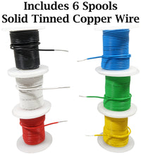 Load image into Gallery viewer, 18 Gauge Hook Up Wire Kit - Solid Wire, Tinned Copper - Includes 6 Different Color 25 Foot Spools
