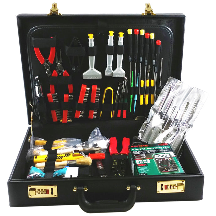 Toolkit for servicing and maintaining a wide variety of electronics along with computer related peripherals and components | Includes digital multimeter, soldering iron with stand, solder reel, soldering aid tools, anti-static desoldering pump, anti-static wrist strap | Long nose pliers, side cutter, wire + cable strippers, crimping tool, three-prong holder, tweezers, precision aligner tools, adjustable wrench, brush, mini vacuum cleaner set | Reversible ratcheting handle with sockets (metric an