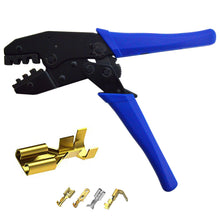 Load image into Gallery viewer, Heavy duty crimper for Non-insulated or Open Barrel Terminals | Crimps the following sizes/gauges: .5 to 1mm² for 20-18 AWG, 1.5 to 2.5mm² for 16-14 AWG, and 4 to 6mm² for 12-10 AWG | Easy one hand to use ratcheting design, automatically opens once crimp is finished | Applies the same amount of crimping force every time | Heavy duty steel construction with comfortable rubberized grip handles
