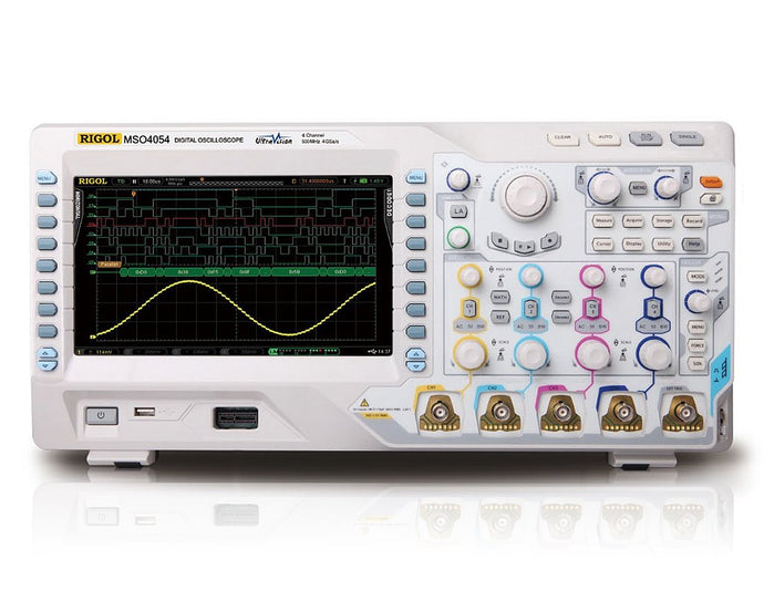 Bandwidth: 500 MHz. 2 channels + 16 for Logic Analyzer.Innovative UltraVision technology. | Real-time sample rate: analog channel up to 4 GSa/s, digital channel up to 1 GSa/s. | Memory depth: analog channel up to 140 Mpts, digital channel up to 28 Mpts. | Waveform acquisition rate up to 110,000 wfms/s.Low noise ?oor,min.vertical sensitivity is 1 mV/div | A variety of Trigger functions Real time waveform record, replay and analysis 9-inch color LCD.