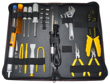 Load image into Gallery viewer, Includes a plethora of electrical engineering essentials - all tools are neatly stored in the included zipper carrying case | 30 Watt Soldering Iron (UL Listed), 10 gram of solder, Electronic tweezers with self-closing tip, Assembly tweezer, 3 claw grabber | IC Insertion tool, IC Extraction tool, 1/8&quot; Flat screwdriver, #0 Phillips screwdriver, 6&quot; adjustable wrench, Wire Stripping, Crimping, and Cutting tool | Driver handle with bits: reversible Star T10 + T15, reversible Phillips #1 + #0, revers
