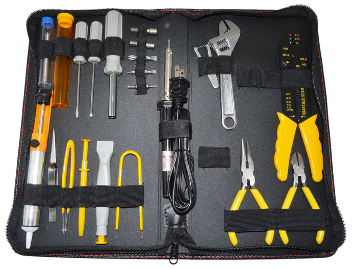 Includes a plethora of electrical engineering essentials - all tools are neatly stored in the included zipper carrying case | 30 Watt Soldering Iron (UL Listed), 10 gram of solder, Electronic tweezers with self-closing tip, Assembly tweezer, 3 claw grabber | IC Insertion tool, IC Extraction tool, 1/8