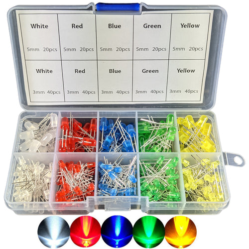 Assortment of 300 diffused LEDs in a convenient storage case | Head diameters are 3mm and 5mm | Colors: White, Red, Blue, Green, Yellow | Voltage ranges from 2V to 3.4V | Current: 20mA