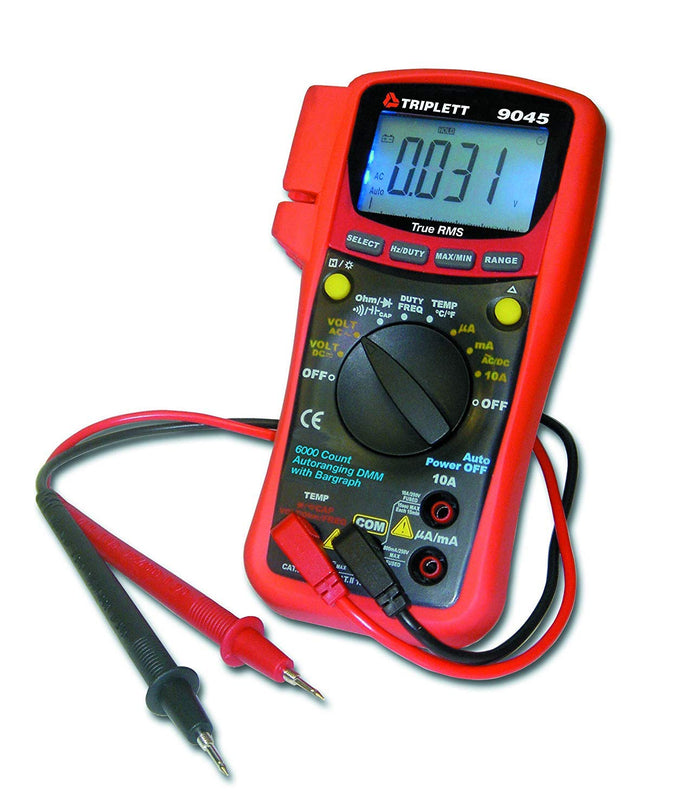 True RMS digital multimeter with a variety of ranges including AC/DC Voltage, AC/DC Current, Resistance, Temperature, Frequency, Capacitance, Continuity, and Diode Test | 3-3/4 digit, 6000 count backlit display provides 61 segment bar graph | Rubberized over-molded housing provides impact and drop resistance in a sleek ergonomic design; Auto Power Off helps maximize battery life | Suited for a variety of industrial and residential applications such as security, home theater, electrical, HVAC ins