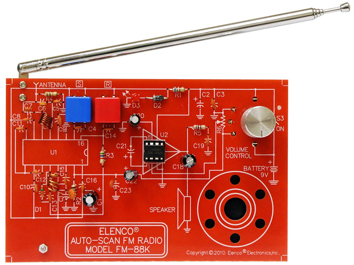 Build this kit to assemble a monophonic FM receiver (88-108mhz) with electronic auto-scan | Will help you understand the basics of working with printed circuit boards | Become familiar with a variety of electronic components | Develop good soldering skills | For 30 years Elenco has been using their strong engineering and design skills to develop reliable, affordable electronic test equipment, tools, and educational kits