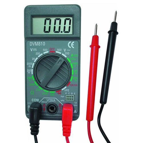 automatic polarity indication | voltage measurements: AC 500V and DC 500V max. | current measurements: DC 10A max. | resistance measurements: 2Mohm | diode and transistor (hFE) test