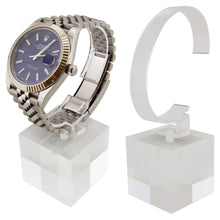 Load image into Gallery viewer, 2 Pack of Clear, Weighted Watch Display Holders | These sturdy holders can hold most size watches (Ring size is 3 inches tall, 2 inches wide) | Please hold the ring and base together when loading a watch on the holder | Base Material: Acrylic | Base measures 1.6&quot; x 1.6&quot; x 1.6&quot;, Overall Height: 4.9&quot;
