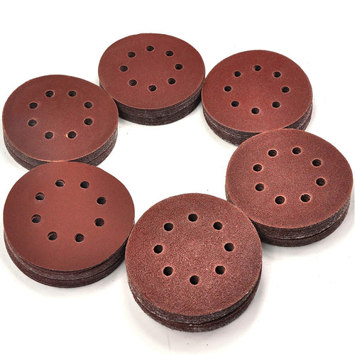 120 Pack of 5-inch, 8 Hole Hook and Loop Sandpaper Discs for random orbital sanders | Includes 20 discs of each of the following Grits: 40, 60, 80, 120, 150, and 240 | Made of durable, long lasting Aluminium Oxide that is suitable for sanding a wide range of surfaces including including wood, painted surfaces, metals, plastic and other materials | Feature a hook and loop backing that is easy to stick to the random orbital sander, but will not fall off when in use | Easy to identify — Grit number