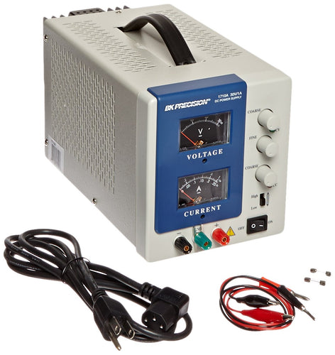 Linear power supply unit provides a constant source of DC voltage for powering and testing electronic devices | One output provides adjustable voltage or current | High and low current settings help improve stability and measurement accuracy | Two analog displays show voltage and current readings simultaneously | Fine and coarse adjustment of voltage and current