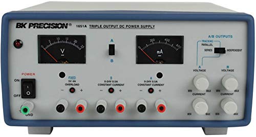 Linear power supply unit provides a constant source of DC voltage and current for powering and testing electronic devices | Two outputs supply adjustable voltage up to 24VDC and current up to 500mA | Third output supplies fixed voltage of 5VDC and current of 4 amp | Display shows current and voltage for all outputs simultaneously | Outputs can be connected in series to supply more voltage, or they can be connected in parallel to supply more current