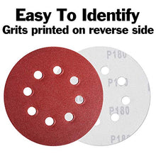 Load image into Gallery viewer, 120 Pack 5 Inch Sandpaper Discs, Hook and Loop Adhesive, 8 Hole - Includes 40, 60, 80, 120, 150, and 250 Grit for Random Orbital Sander
