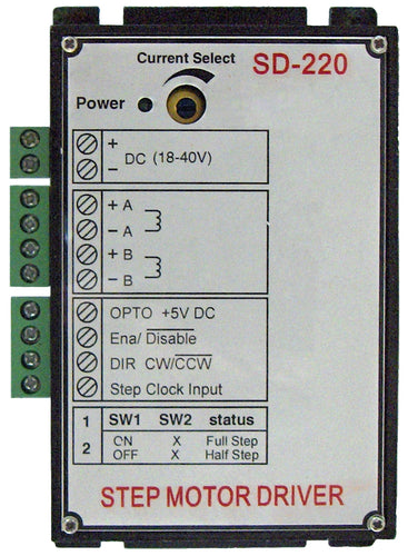 Power supply voltage range 18-40VDC | driver for 2 or 4 phase stepper motors | motor phase current adjustable up to 2 Amp | 118mm (L)x70mm (W)x28mm (H) | 