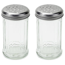 Load image into Gallery viewer, 2 Pack 12 Ounce Multi-Purpose Spice Seasoning Grated Cheese Shaker Retro Dispenser, Glass Jar, Perforated Stainless Steel Lid
