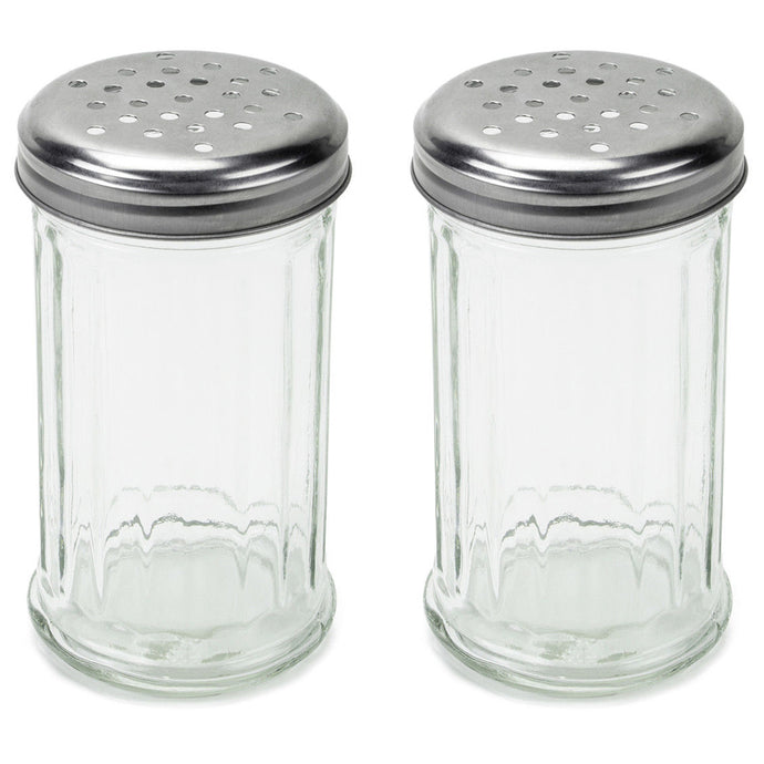 2 Pack 12 Ounce Multi-Purpose Spice Seasoning Grated Cheese Shaker Retro Dispenser, Glass Jar, Perforated Stainless Steel Lid