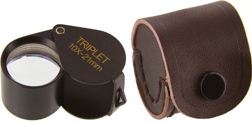 Black metal round body eye loupe | Triplet glass lens | Leather storage pouch | Magnification: 10x | Lens diameter: 21mm