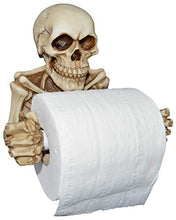 Load image into Gallery viewer, Whether you are planning a Halloween party or enjoy spooky decorations year-round, you will fall in love with this skeleton toilet paper holder! | Made of sturdy detailed painted resin that is eye catching and it fits great with all Gothic, horror, scary, and ghoulish themes | Easy installation — features a keyhole slot for mounting to your bathroom wall using the included mounting screw and anchor | The spring loaded holder fits between the skeleton&#39;s hands and can be removed and reinserted whe
