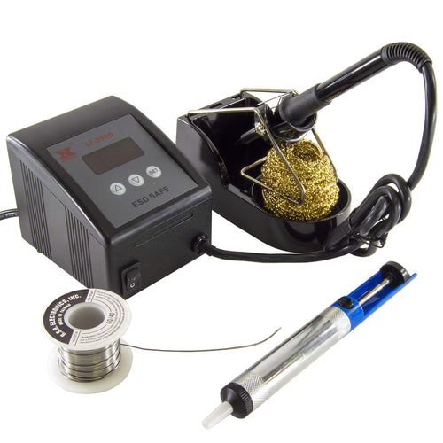 Xytronic LF-399D Temperature-Controlled Digital Soldering Station complete with a 0.8mm pointed soldering tip, soldering iron stand with brass tip cleaner and instruction manual | Temperature selection by means of simple Up and Down buttons: 150° to 480°C (302° to 896°F) | Features fast warm-up time, zero voltage switching, and a grounded tip (leakage less than 0.4mV) | Solder Sucker: Rugged Metal construction. Replaceable non-stick nylon tip. Lightweight and compact. | Solder Roll: 100 gram spo