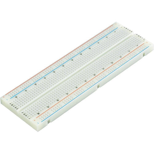 830 tie points total: 630 tie-point IC-circuit area plus two 100 tie-point distribution strips providing 4 power rails. | White ABS plastic body with black printed legend. Color legend on distribution strips. | Contacts are Phosphor Bronze with Plated Nickel Finish, rated for 50,000 insertions. Rated at 36 Volts, 2 Amps. | Insertion Wire Size is 21 to 26 AWG, 0.016 to 0.028 inches diameter (0.4 to 0.7mm diameter) | Size: 6.5 x 2.2 x 0.3in (165.1 x 54.6 x 8.5mm)