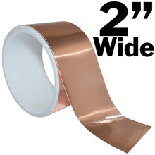 Load image into Gallery viewer, 16 feet of 2 inch wide highly conductive copper tape on a plastic spool for easy dispensing and storage | With it&#39;s ability to conform to all surfaces and shapes, this copper tape is suitable for EMI shielding, grounding, paper circuits, electrical repairs, decorations, stained glass, arts &amp; crafts and more! | Features an easy to peel waxed paper backing and you can bend, wrap, twist, tear and layer the tape with ease! | Warning: As the tape is made of real copper foil, the edges can be sharp. P
