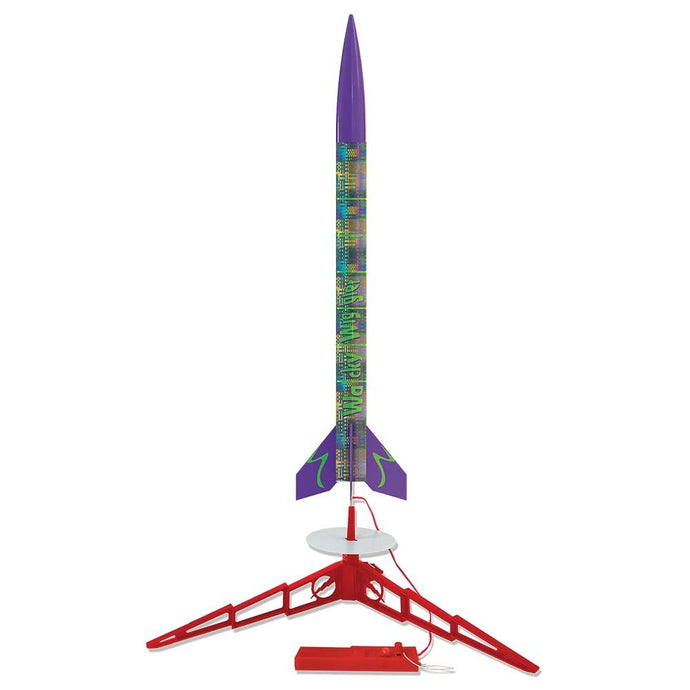 This colorful, dual recovery rocket includes all pre-colored rocket parts and easy to apply decals. No painting required, about an hour to assemble for an exciting launching and flying experience! | When powered with a C6-5 engine, you can launch your Whirlybird to 650 feet and then watch as the nose cone helicopters to the ground while the main body lands gently with its preassembled parachute. | This launch set includes the Estes electron beam launch controller (requires 4 high quality 1.5V AA
