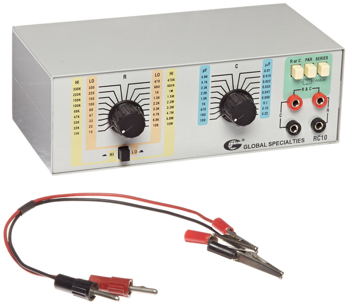 Convenient selection of standard resistors and capacitor values separately or in series and parallel RC combinations | 36 resistor ranges in values from 15 ohms to 10 mega ohms, 1 watt 10 percent; 18 capacitor ranges in values from 100 picofarads to 0.22 microfarads, 600 volts 10 percent | Perfect for all types of educational experiments and circuit designs when using Global Specialties | Protoboards and breadboard design trainers; compact design | Black and red test leads with convenient alliga