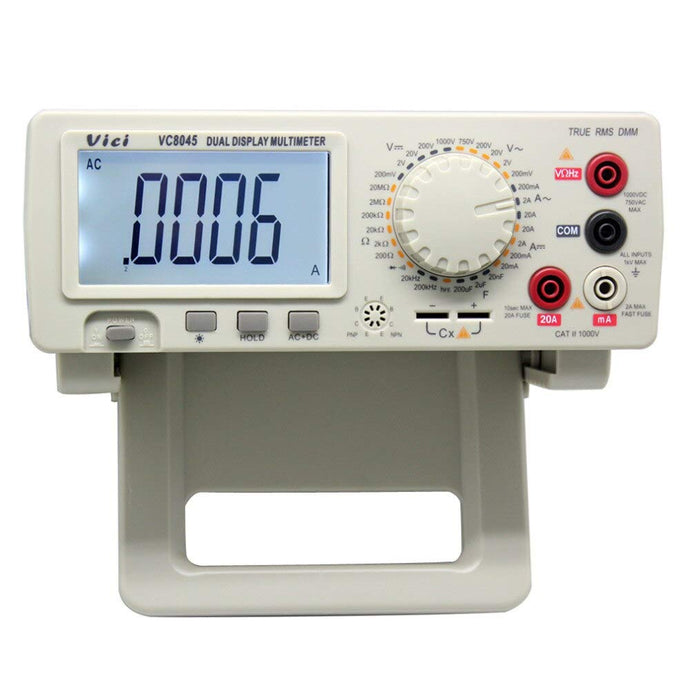 4 1/2 digit large LCD display with backlight | DCV, ACV, DCA, ACA, ?, CAP, Hz, hFE, diode and continuity test function | Max. voltage measuring: DC 1000V or AC value, resolution:10uV | Max. current measuring: 20A, polarity automatic switch, data hold | AC measuring adopt high accuracy true RMS, with bandwidth and AC+DC measuring