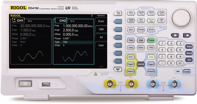 •Generators up to 160 MHz | •2 output channel | •500 MSa/s sample rate | •130 built-in waveforms | •7-inch color LCD display