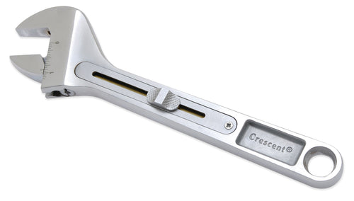 8-inch Rapid Slide adjustable wrench with a 1-inch jaw capacity | Slide button mechanism in handle for quick, fast adjustment | Forged steel construction with a chrome finish and polished head; wide handle for increased leverage | SAE/metric size indicator on jaw; debris shield protects slide mechanism | Weighs 1.05 pound