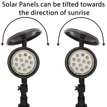 Load image into Gallery viewer, 2 Pack Solar Powered LED Spot Lights - Automatic On at Dusk and Off at Sunrise, Sturdy All-Weather Spotlights for Accent Lighting, Safety, &amp; Security
