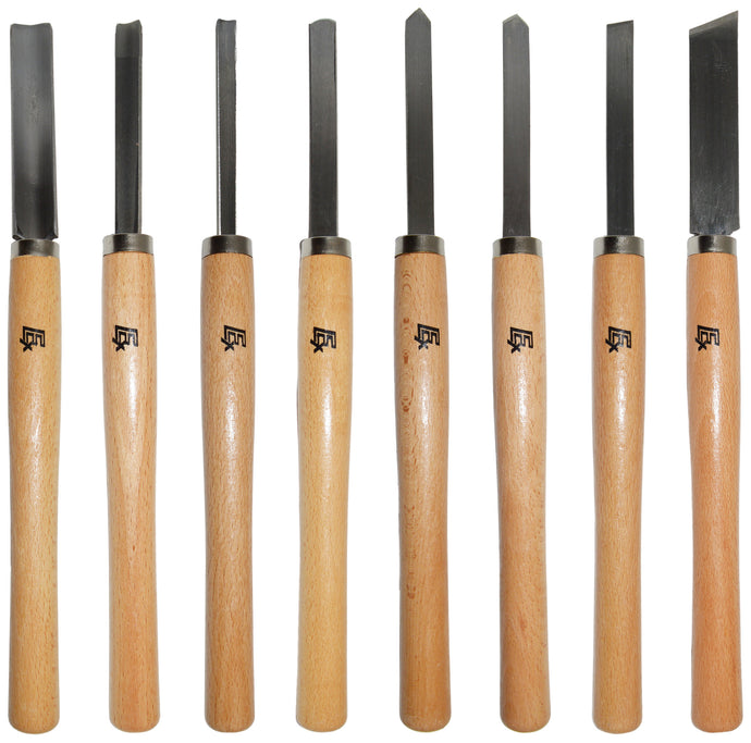 8 Piece Wood Chisel Woodworking Lathe Hand Tool Set - Includes Gouges, Skews, Round Nose, Spearpoint, and Parting Chisels