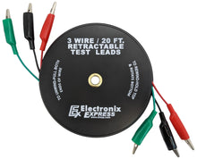 Load image into Gallery viewer, 3 Wire 20 Foot Retractable Test Leads, Red / Black / Green 18 Gauge Wire with Alligator Clips on each End for Electrical Troubleshooting Cars / Boats
