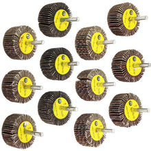 Load image into Gallery viewer, 12 Pack ¼&quot; Shank Flap Wheels in Assorted Grits, Includes 40, 60, 80, and 120 Grit Aluminum Oxide Sandpaper - 2&quot;×1&quot;×¼&quot; Fits All Drill Chucks
