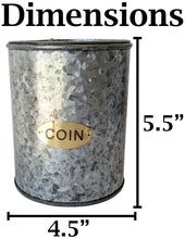 Load image into Gallery viewer, Galvanized Coin Can with Coin Slot &amp; Removable Lid, Silver Piggybank with Gold Emblem on Front, Rustic Farmhouse Design for Country Themed Room / Home
