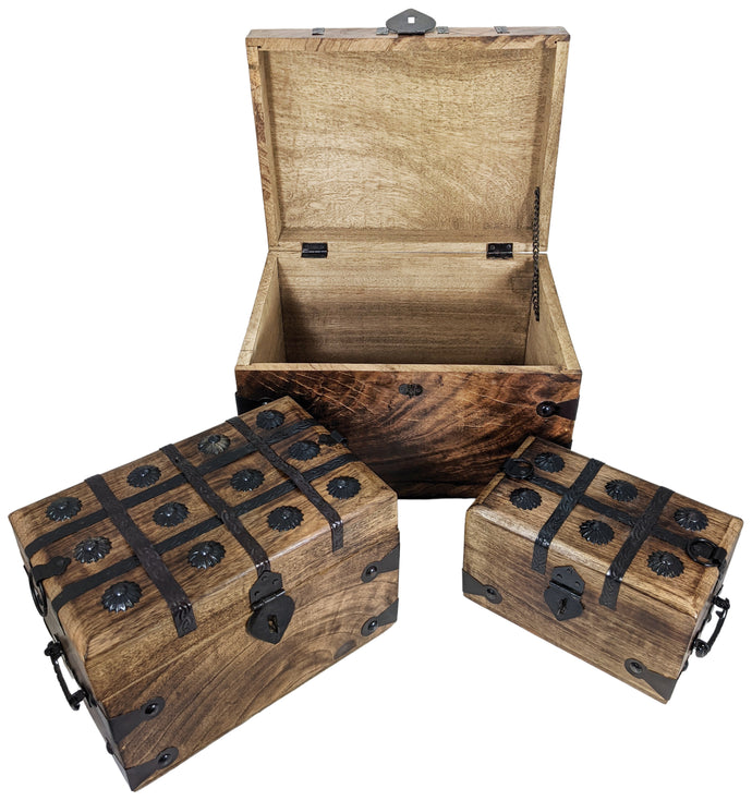 Set of 3 Wooden Pirate Treasure Chests, Includes Small, Medium, and Large Hinged Chests Decorated with Ornate Metal Accents and Hasps for Locks