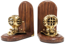 Load image into Gallery viewer, Brass Replica Mark IV Diving Helmet Bookend Pair - Stained Wooden Bases, Functional &amp; Decorative Nautical Marine Memorabilia (5.7&quot; L × 4&quot; W × 6.7&quot; H)
