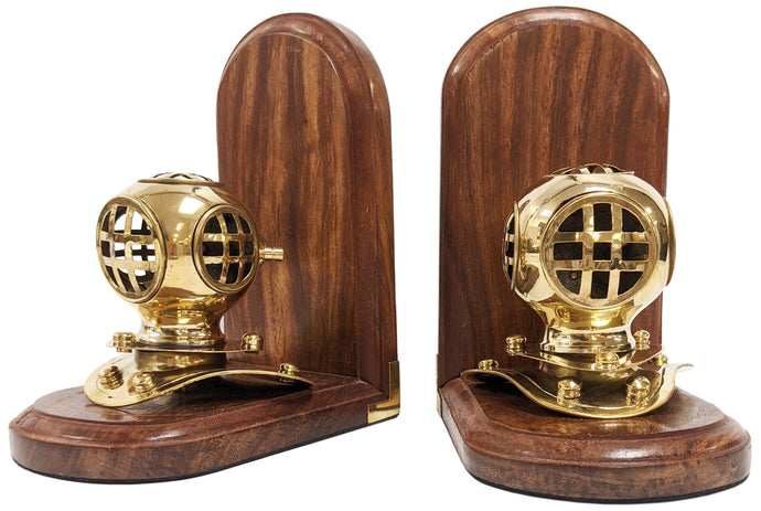Brass Replica Mark IV Diving Helmet Bookend Pair - Stained Wooden Bases, Functional & Decorative Nautical Marine Memorabilia (5.7