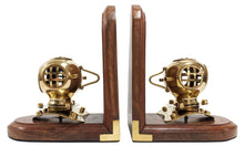 Load image into Gallery viewer, Brass Replica Mark IV Diving Helmet Bookend Pair - Stained Wooden Bases, Functional &amp; Decorative Nautical Marine Memorabilia (5.7&quot; L × 4&quot; W × 6.7&quot; H)
