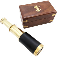 Load image into Gallery viewer, 6&quot; Handheld Brass Telescope with Wooden Storage Box - Functional Pirate Spyglass, Collapsible Design for Costume / Cosplay or Decoration
